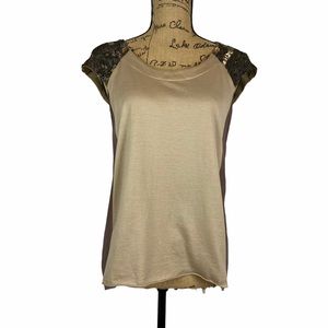 Hoss Intropia Silk Sheer Short Sleeve Tan Top S